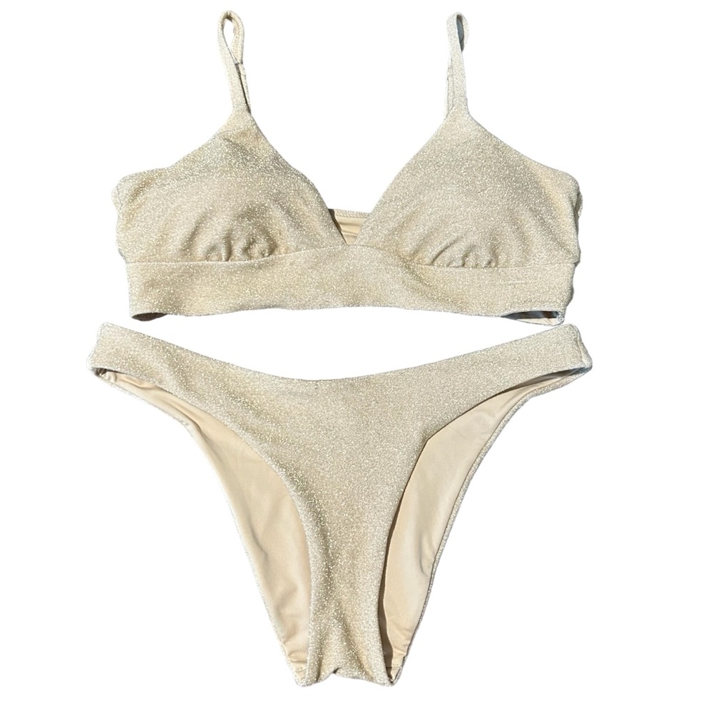 Aerie Women’s Bikini Set Size Large XL Gold Sparkle Triangle Top Cheeky Bottoms